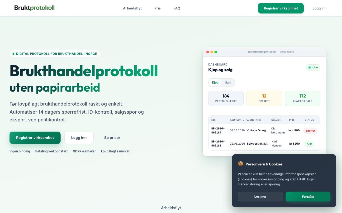 Bruktprotokoll.no nettside og digital løsning